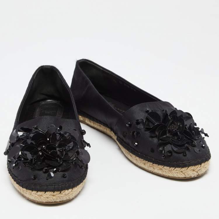 Pre Owned Dior Black Fabric Sequin Embellished Flat Espadrilles Size 37.5