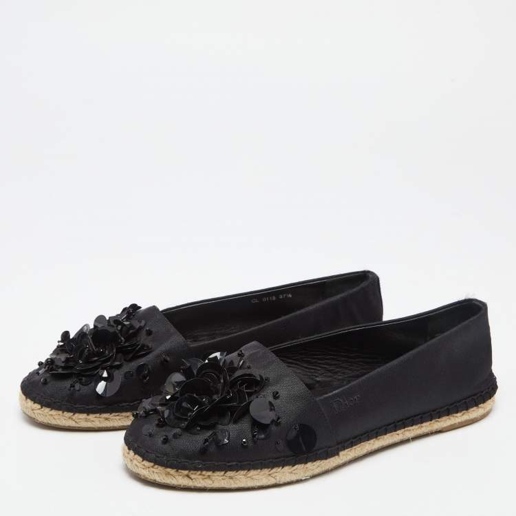 Pre Owned Dior Black Fabric Sequin Embellished Flat Espadrilles Size 37.5