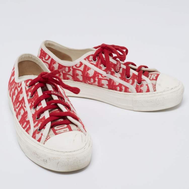 Pre Owned Dior Red Dior Fabric Oblique Embroidered Cotton Walk'N'Dior Sneaker Size 38