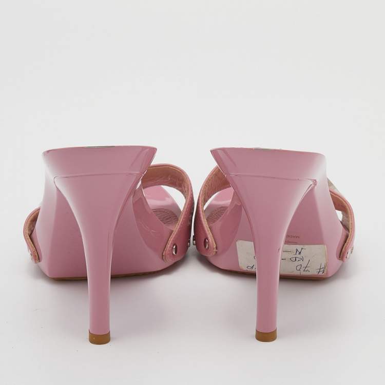 Pre Owned Dior Pink Leather Flower Embroidery Logo Slide Sandals Size 40