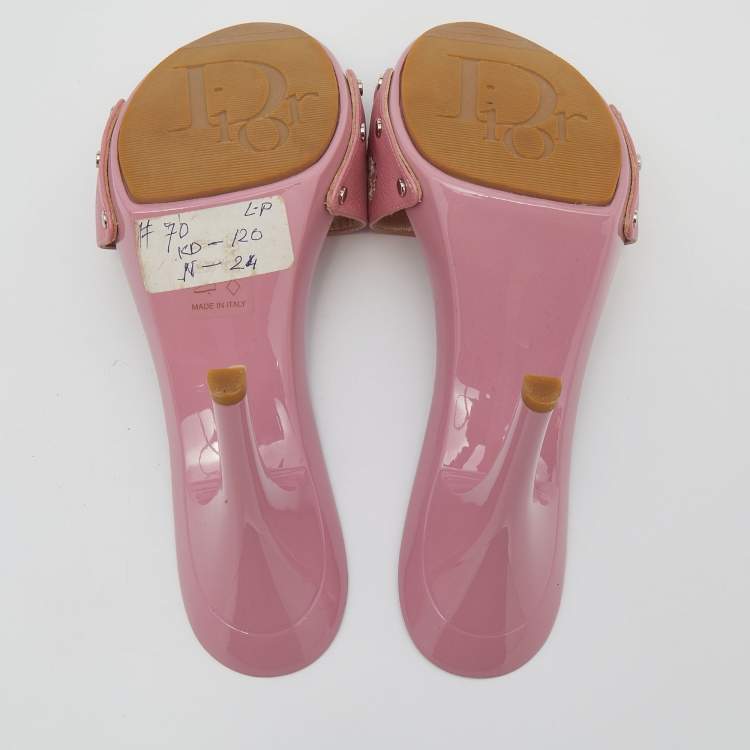 Pre Owned Dior Pink Leather Flower Embroidery Logo Slide Sandals Size 40