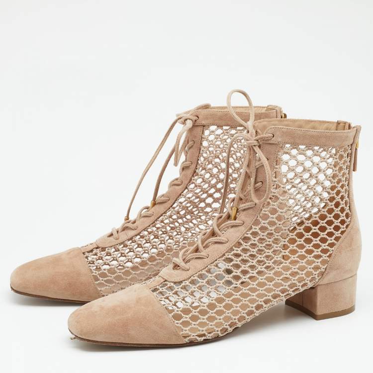 Dior Beige Suede and Fishnet Naughtily-D Ankle Boots Size 39.5 Dior