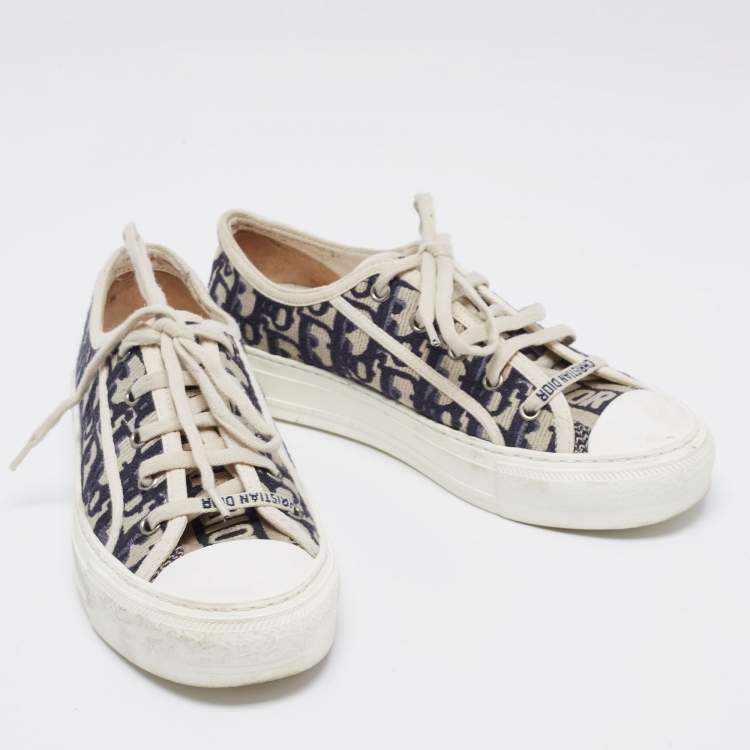 Pre Owned Dior Navy Blue/Off-White Oblique Cotton Walk'n'Dior Low-Top Sneakers Size 37
