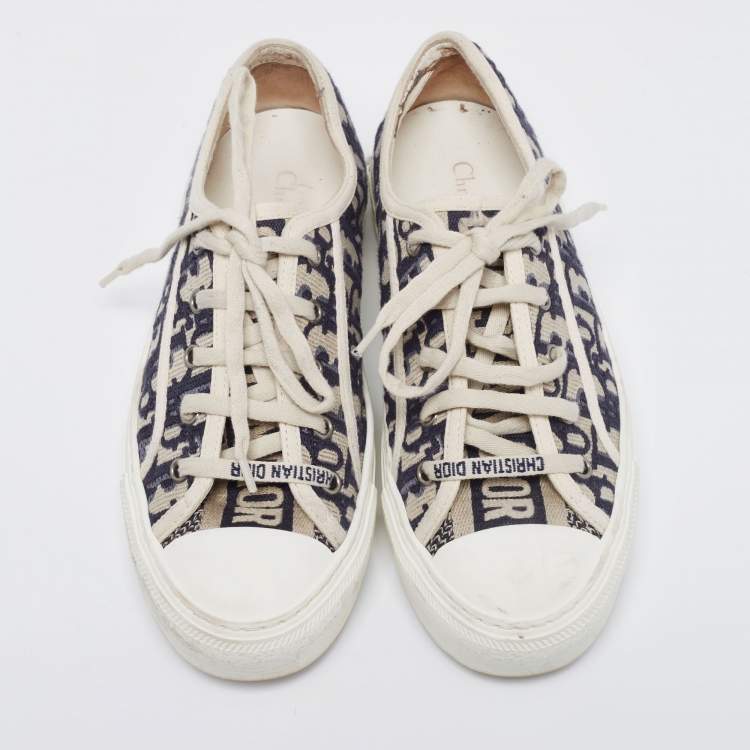 Pre Owned Dior Navy Blue/Off-White Oblique Cotton Walk'n'Dior Low-Top Sneakers Size 37