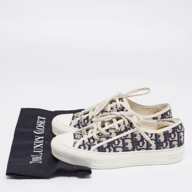 Pre Owned Dior Navy Blue/Off-White Oblique Cotton Walk'n'Dior Low-Top Sneakers Size 37