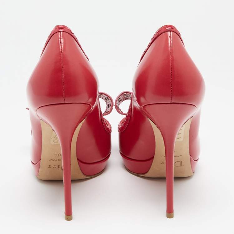 Pre Owned Dior Imperial Red Cannage Leather Peep Toe Bow Detail Platform Pumps Size 40.5