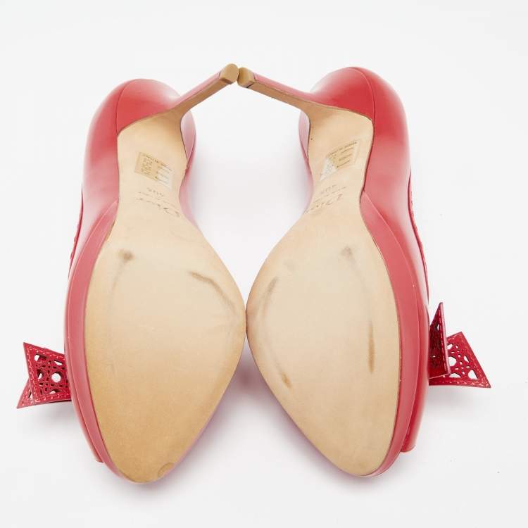 Pre Owned Dior Imperial Red Cannage Leather Peep Toe Bow Detail Platform Pumps Size 40.5