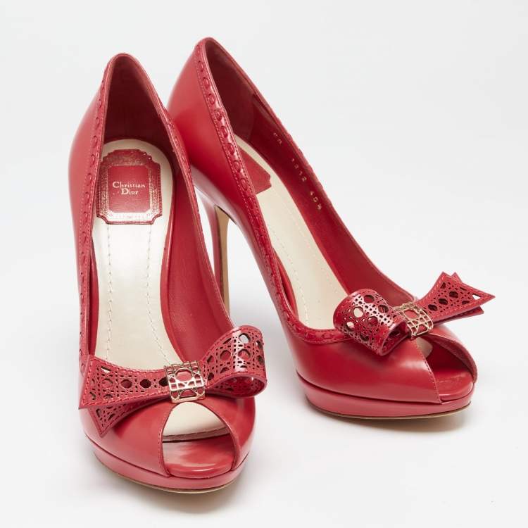 Pre Owned Dior Imperial Red Cannage Leather Peep Toe Bow Detail Platform Pumps Size 40.5