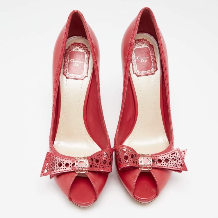 Pre Owned Dior Imperial Red Cannage Leather Peep Toe Bow Detail Platform Pumps Size 40.5