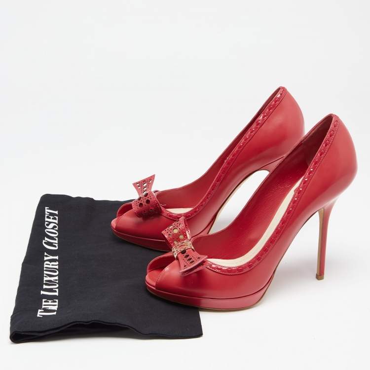 Pre Owned Dior Imperial Red Cannage Leather Peep Toe Bow Detail Platform Pumps Size 40.5