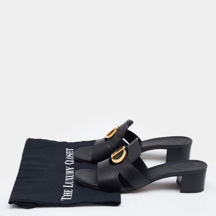 Pre Owned Dior Black Leather CD Logo Montaigne Block Heel Slide Sandals Size 39