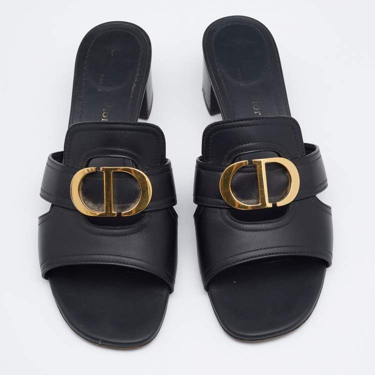 Pre Owned Dior Black Leather CD Logo Montaigne Block Heel Slide Sandals Size 39