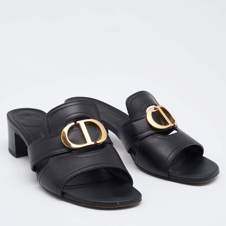 Pre Owned Dior Black Leather CD Logo Montaigne Block Heel Slide Sandals Size 39