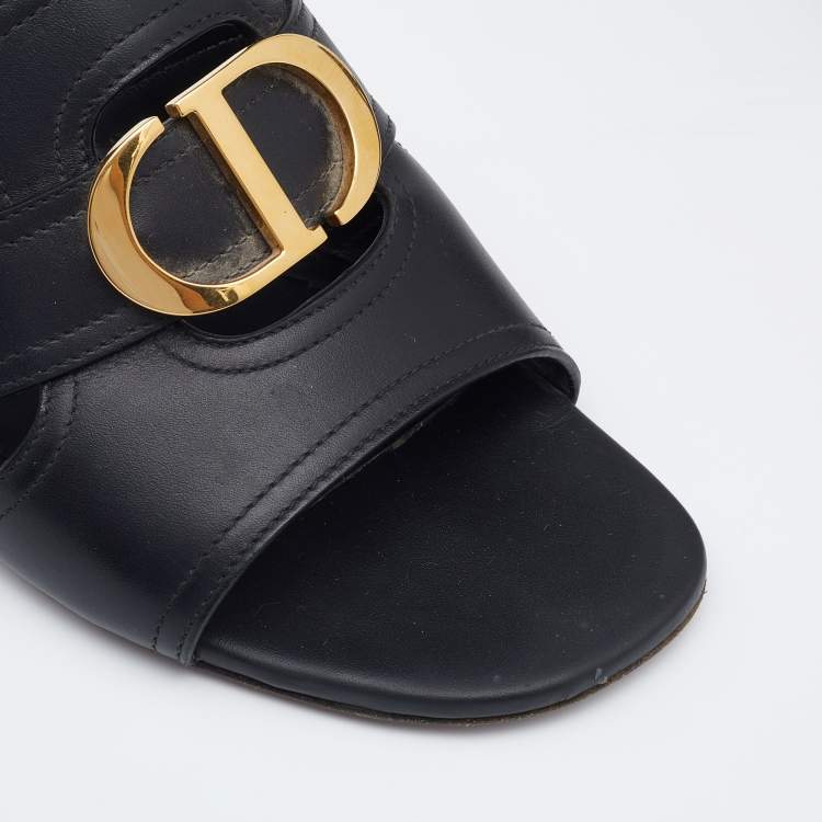 Pre Owned Dior Black Leather CD Logo Montaigne Block Heel Slide Sandals Size 39