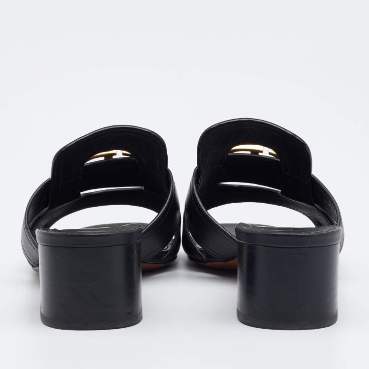 Pre Owned Dior Black Leather CD Logo Montaigne Block Heel Slide Sandals Size 39