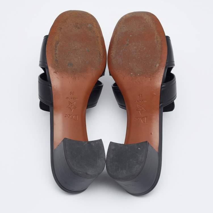 Pre Owned Dior Black Leather CD Logo Montaigne Block Heel Slide Sandals Size 39