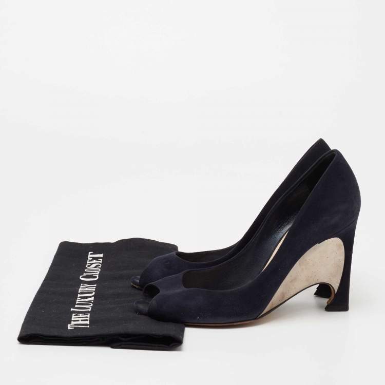Pre Owned Dior Navy Blue Suede Peep Toe Optique Wedge Pumps Size 36.5
