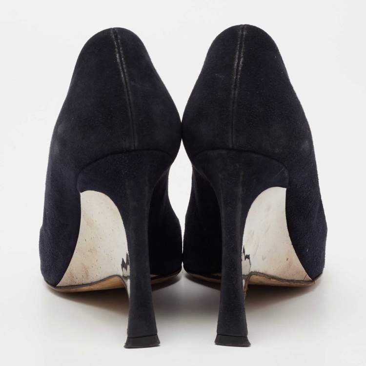 Pre Owned Dior Navy Blue Suede Peep Toe Optique Wedge Pumps Size 36.5