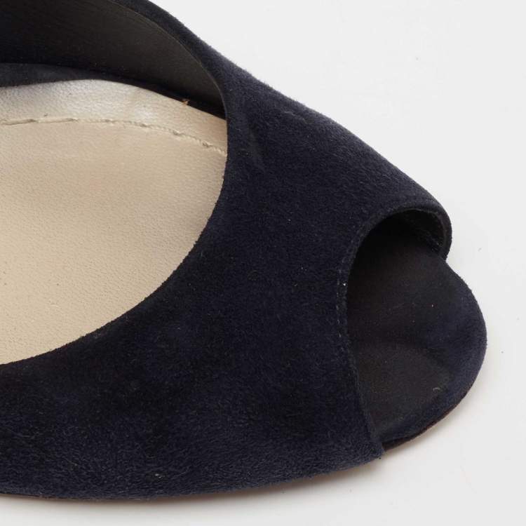 Pre Owned Dior Navy Blue Suede Peep Toe Optique Wedge Pumps Size 36.5