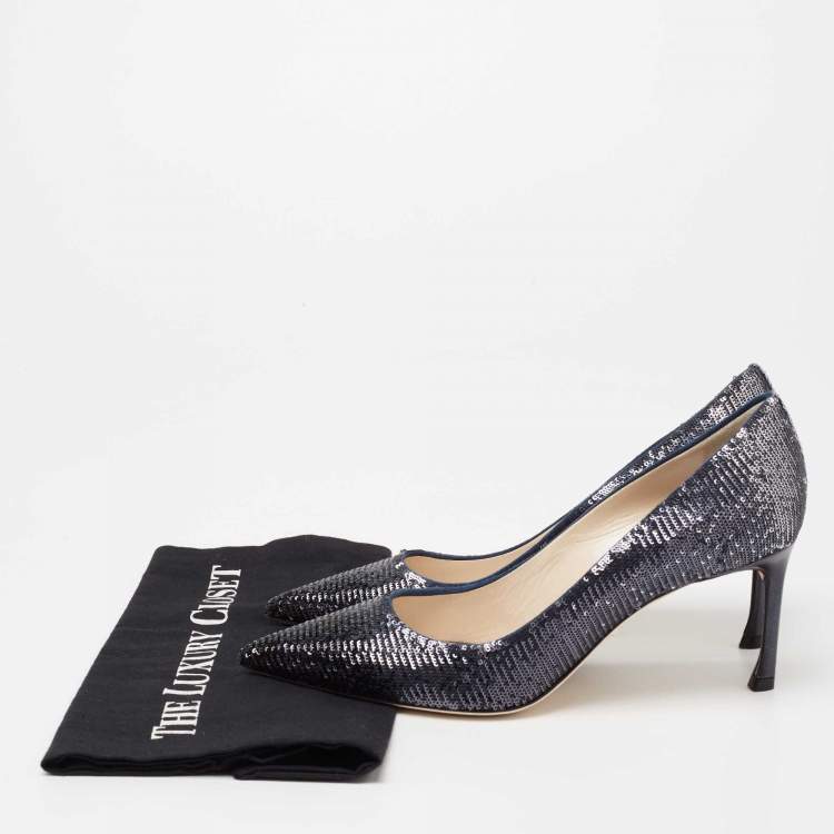 Pre Owned Dior Metallic Navy Blue Sequin Pointed Toe Pumps Size 37.5