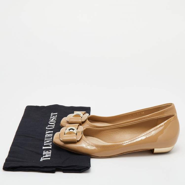Pre Owned Dior Beige Patent Leather Bow Ballet Flats Size 38
