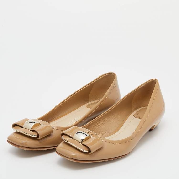Pre Owned Dior Beige Patent Leather Bow Ballet Flats Size 38