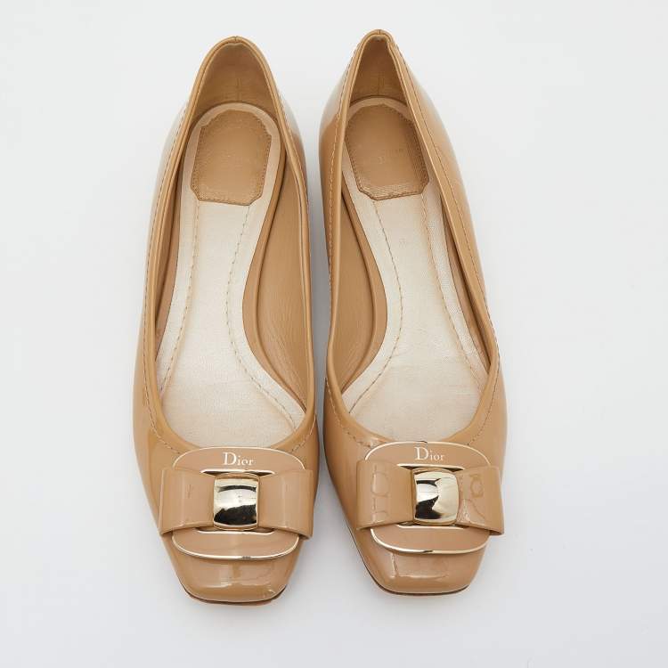Pre Owned Dior Beige Patent Leather Bow Ballet Flats Size 38