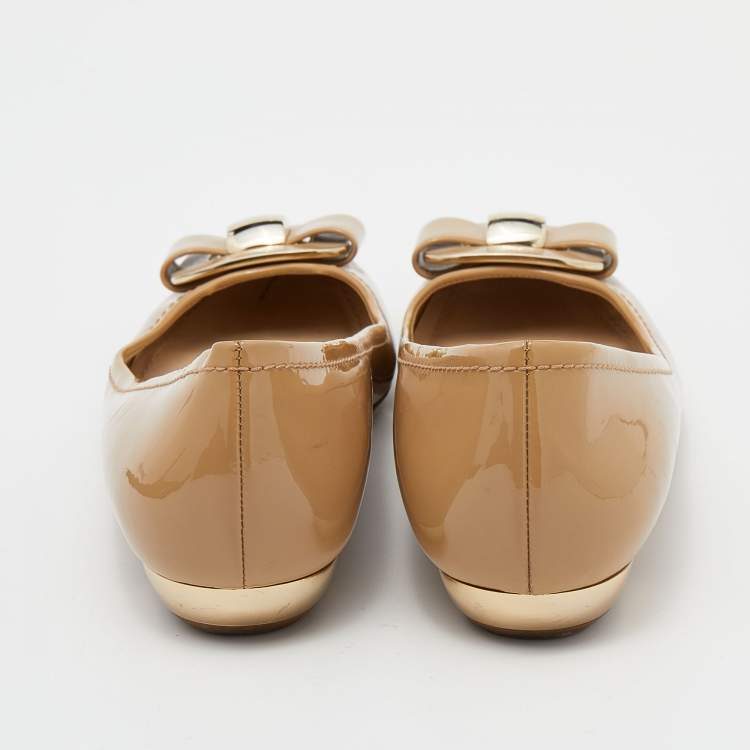 Pre Owned Dior Beige Patent Leather Bow Ballet Flats Size 38