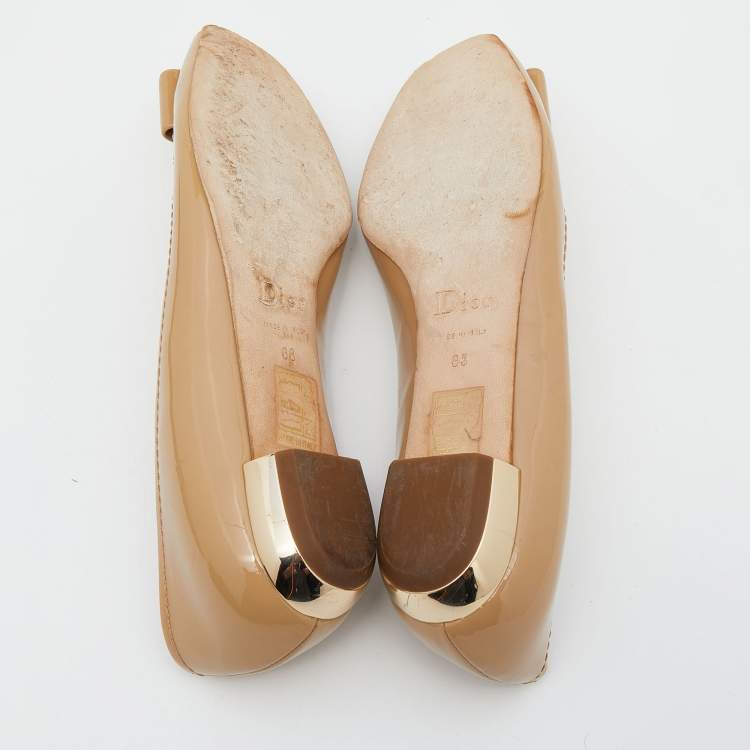 Pre Owned Dior Beige Patent Leather Bow Ballet Flats Size 38