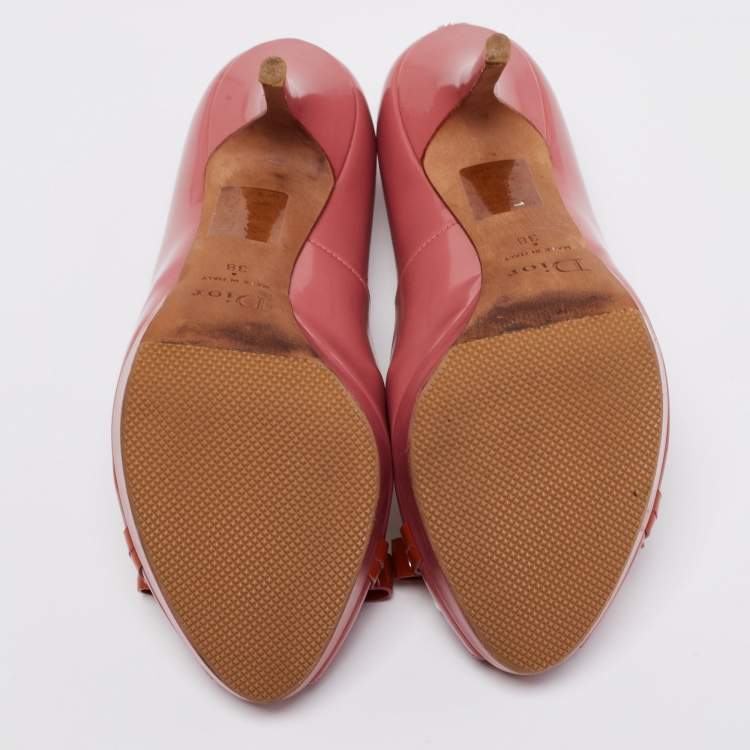 Pre Owned Dior Pink/Orange Patent Leather Bow Detail Peep Toe Platform Pumps Size 38