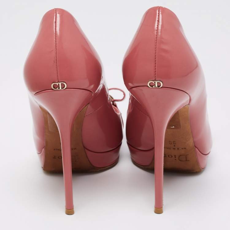 Pre Owned Dior Pink/Orange Patent Leather Bow Detail Peep Toe Platform Pumps Size 38