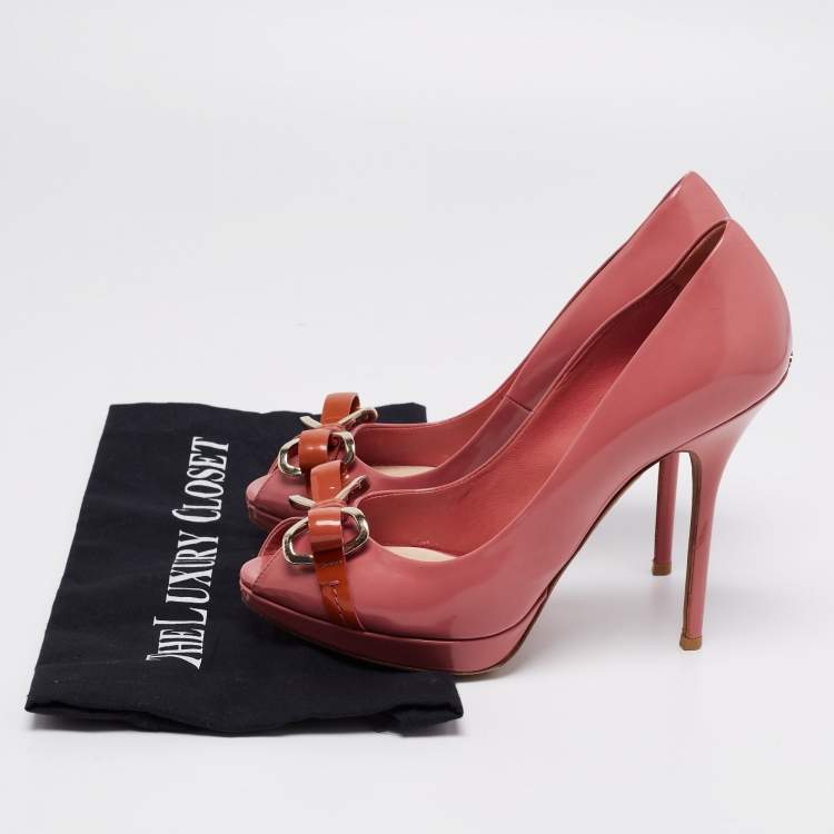 Pre Owned Dior Pink/Orange Patent Leather Bow Detail Peep Toe Platform Pumps Size 38