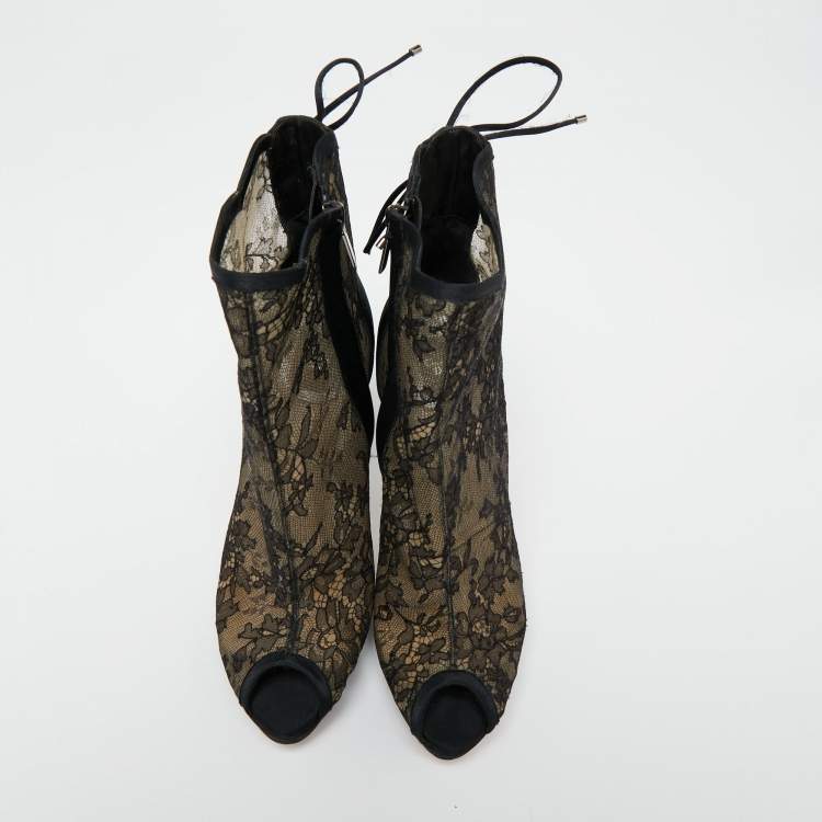 Pre Owned Dior Black Lace And Satin Mock Lace Up Peep Toe Ankle Booties Size 39
