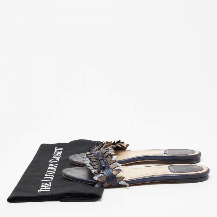 Pre Owned Dior Metallic Blue Leather Cut Out Flat Slide Sandals Size 36