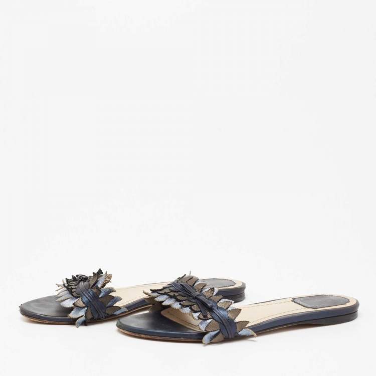 Pre Owned Dior Metallic Blue Leather Cut Out Flat Slide Sandals Size 36