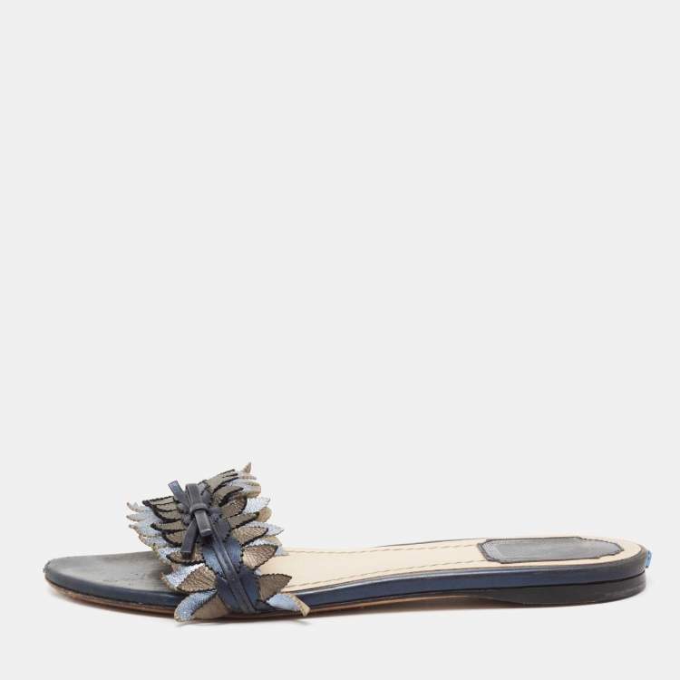 Pre Owned Dior Metallic Blue Leather Cut Out Flat Slide Sandals Size 36