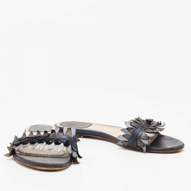 Pre Owned Dior Metallic Blue Leather Cut Out Flat Slide Sandals Size 36