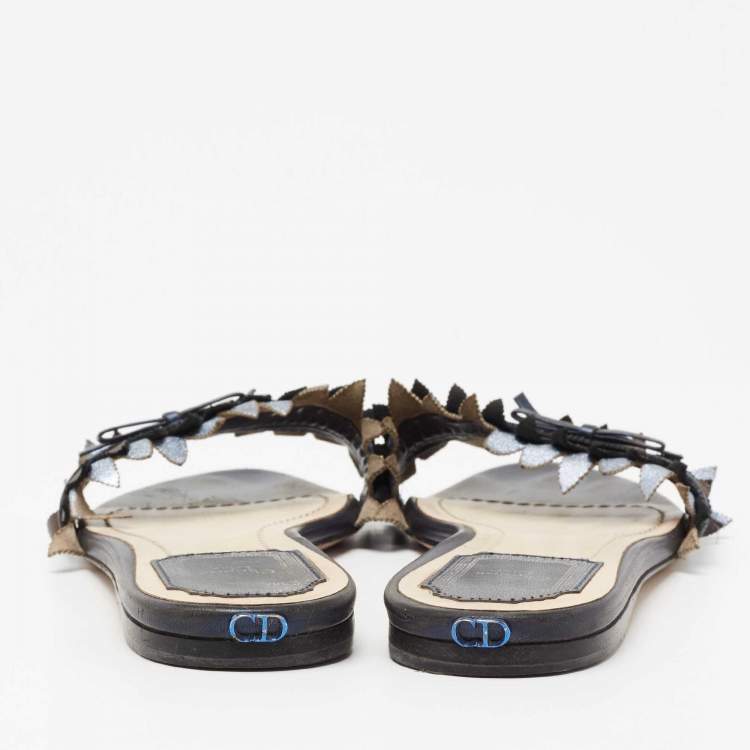 Pre Owned Dior Metallic Blue Leather Cut Out Flat Slide Sandals Size 36