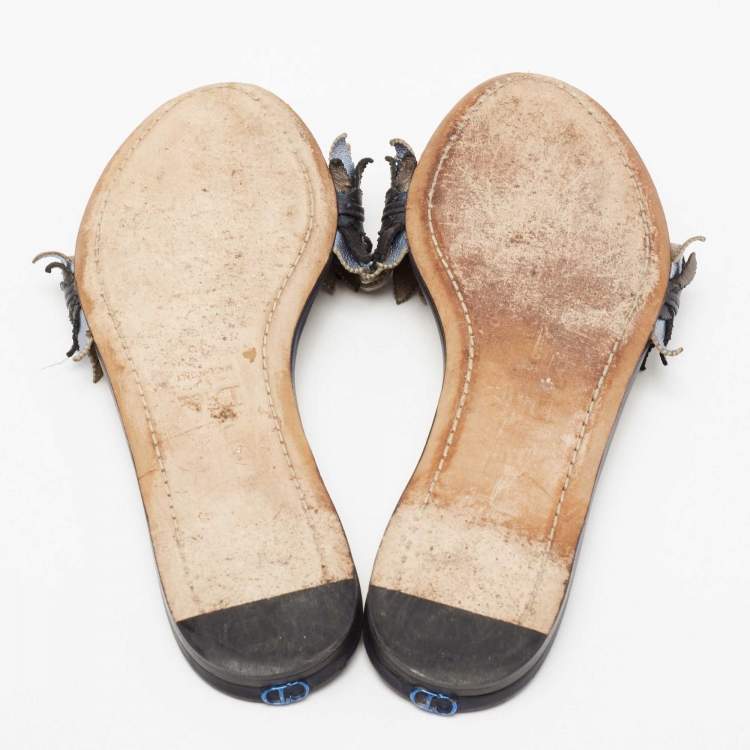 Pre Owned Dior Metallic Blue Leather Cut Out Flat Slide Sandals Size 36