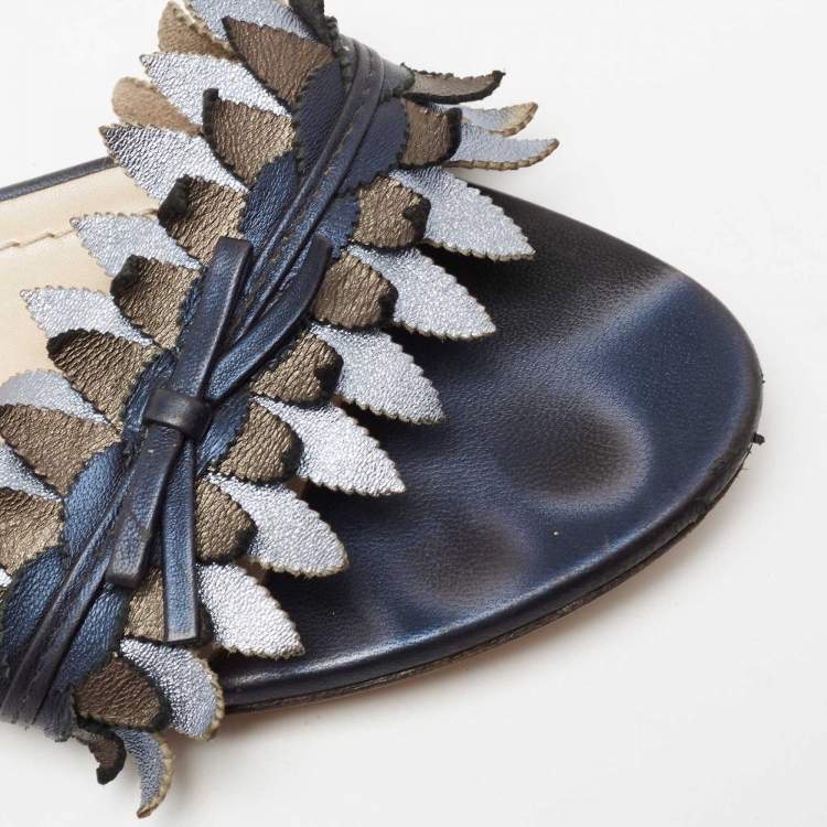 Pre Owned Dior Metallic Blue Leather Cut Out Flat Slide Sandals Size 36