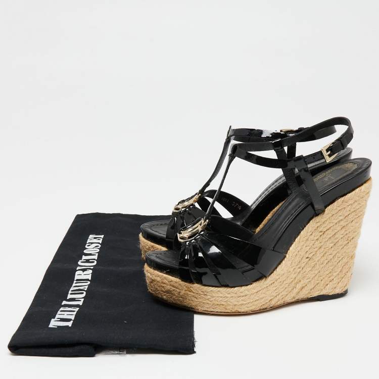 Pre Owned Dior Black Patent Leather Espadrille Wedge Ankle Strap Sandals Size 37.5