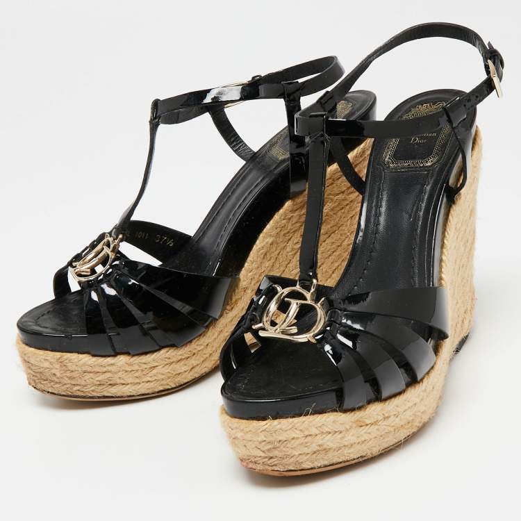 Pre Owned Dior Black Patent Leather Espadrille Wedge Ankle Strap Sandals Size 37.5