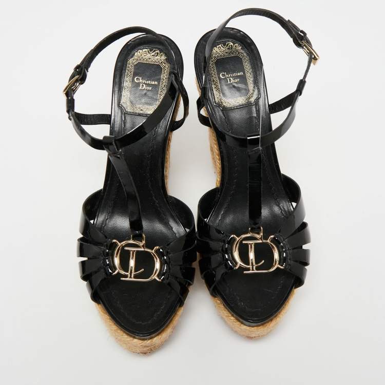 Pre Owned Dior Black Patent Leather Espadrille Wedge Ankle Strap Sandals Size 37.5