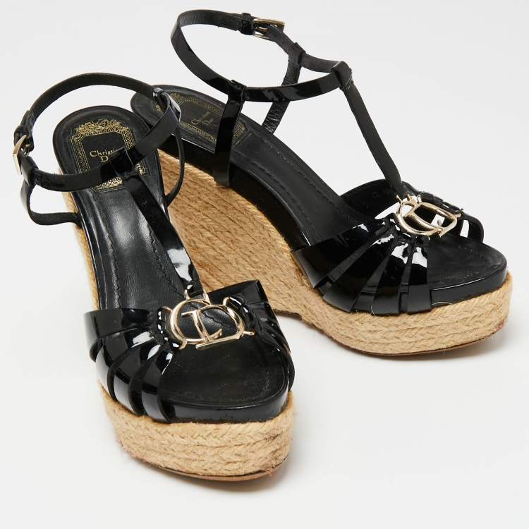Pre Owned Dior Black Patent Leather Espadrille Wedge Ankle Strap Sandals Size 37.5