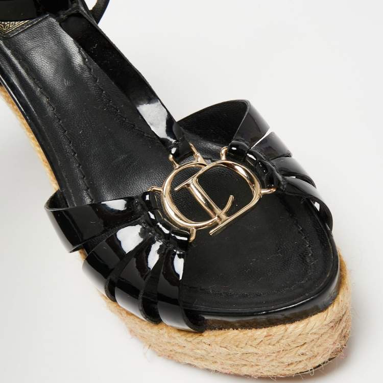 Pre Owned Dior Black Patent Leather Espadrille Wedge Ankle Strap Sandals Size 37.5