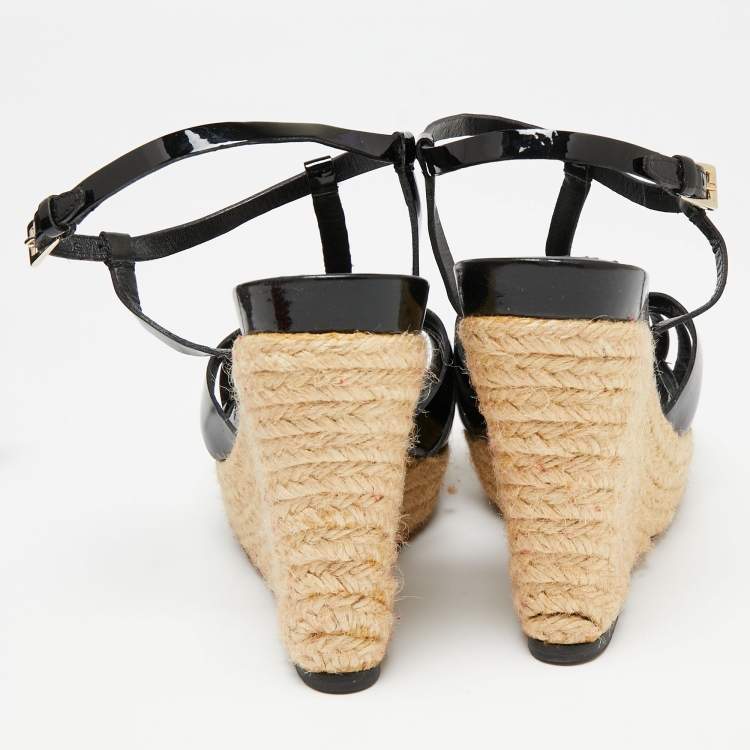 Pre Owned Dior Black Patent Leather Espadrille Wedge Ankle Strap Sandals Size 37.5