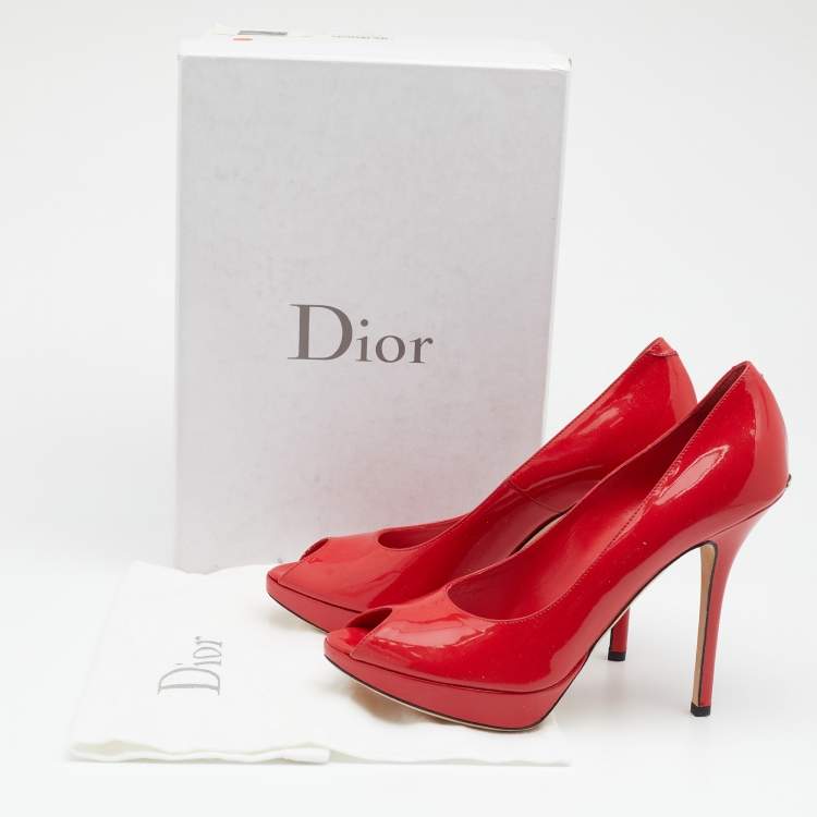 مملوكة مسبقًا Dior Navy Red Patent Leather Miss Dior Peep-Toe Pumps Size 38.5