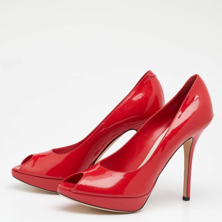 مملوكة مسبقًا Dior Navy Red Patent Leather Miss Dior Peep-Toe Pumps Size 38.5