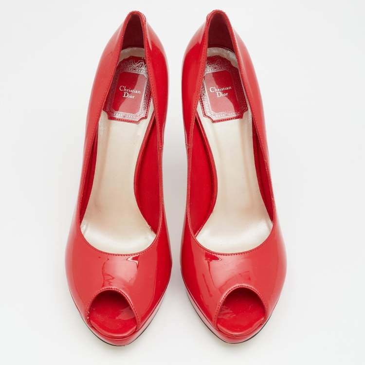 مملوكة مسبقًا Dior Navy Red Patent Leather Miss Dior Peep-Toe Pumps Size 38.5