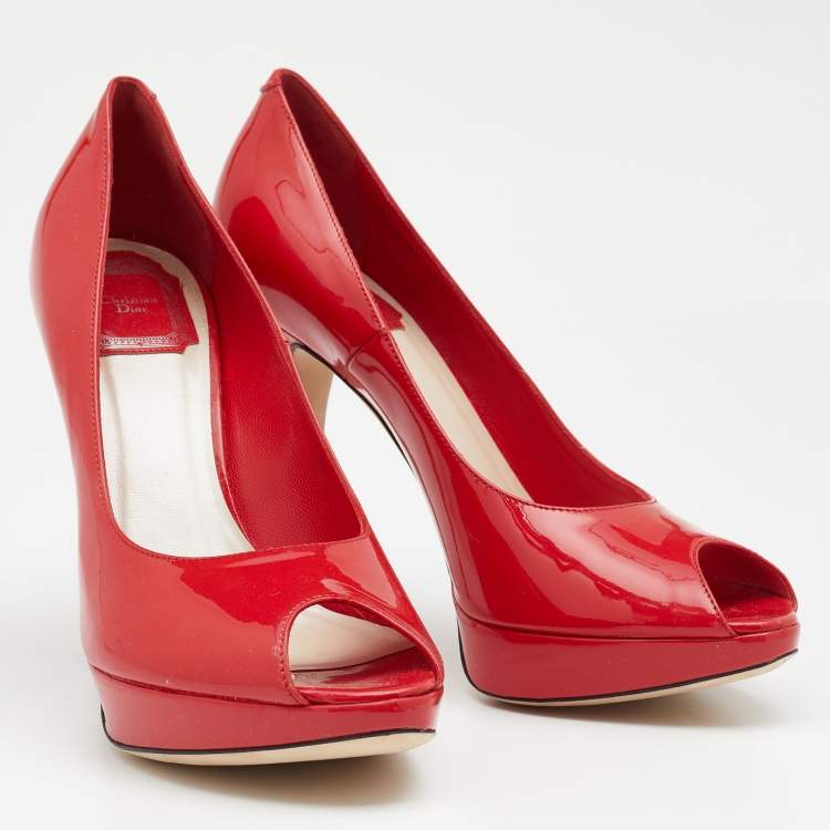 مملوكة مسبقًا Dior Navy Red Patent Leather Miss Dior Peep-Toe Pumps Size 38.5